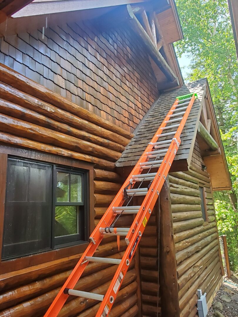A ladder leading to the roof of a cabin