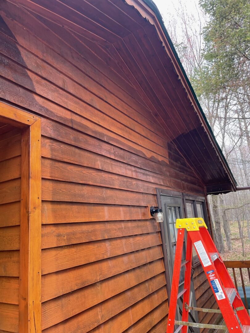 A power washed wall of a cabin